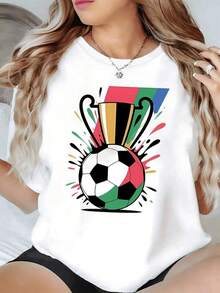 Copa dorada con balón de fútbol en colores verde rojo y blanco simboliza la pasión y el triunfo en cada partido ideal para fanáticas del deporte camiseta de mujer casual cómoda y moderna - Negro - Ver 1