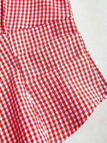 Camisa de mujer de corte ajustado con cuello con lazo, sin mangas, escote en V delantero abierto, botones verticales en la cintura y fruncido, de estilo casual y elegante para primavera y verano - Rojo - Ver 6