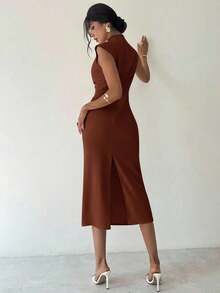 Vestido largo de verano elegante y minimalista para uso diario, viajes y ocasiones casuales, con cuello mao, mangas drapeadas y cintura ceñida, color albaricoque - Marrón - Ver 8