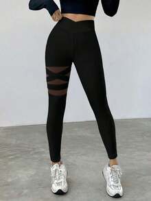 Leggings de cintura alta ajustados con contraste de malla - Negro - Ver 7