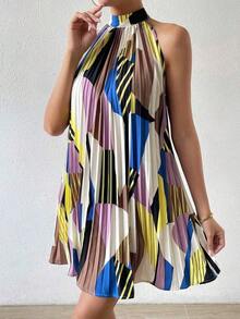 Vestido plisado con hombros abiertos y estampado para vacaciones, conjunto de ropa de playa para vacaciones - Multicolor 5 - Ver 7