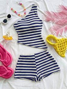 conjunto de verano para mujer, conjunto de vacaciones, conjunto de 2 piezas para uso diario, conjunto de vacaciones en la isla, bohemio, boho, floral romántico, vacaciones, floral - Azul marino - Ver 7