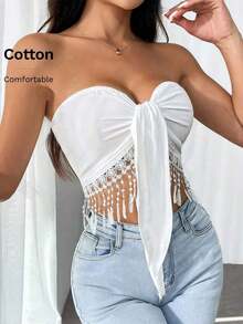 Parte superior con tubo de color negro sólido con lazo en la cintura y dobladillo con flecos, uso diario casual para mujer - Blanco - Ver 6