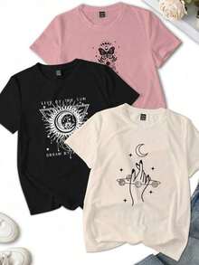 Set de 3 camisetas de mujer de manga corta con cuello redondo, de estilo casual de verano, con estampado gráfico del universo creencia, top de concierto - Multicolor 4 - Ver 5