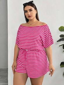 Rompers para mujeres de talla grande, mono informal de rayas, vestidos de verano para mujer, traje de una pieza, mono corto, para dama - Rosa Fucsia - Ver 4