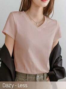 Camiseta de mujer de unicolor con cuello en V y manga corta, estilo de negocios casual de verano "Old Money" para ropa de trabajo de mujer - Rosa vieja - Ver 6