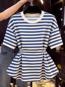 Camiseta de manga corta de cuello redondo con cintura a rayas, casual de verano para mujer - Multicolor - Ver 3