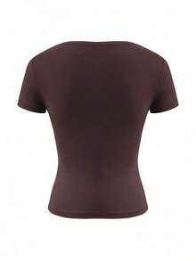Camiseta ajustada de estilo Y2K con cuello en V y mangas cortas de unicolor, cintura ceñida, adecuada para uso diario casual de las mujeres Vaiaye - Marrón - Ver 4