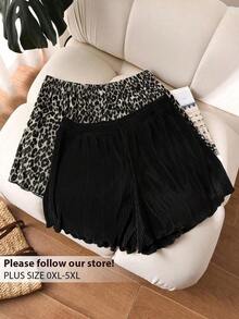 Shorts plisados de talla grande de verano con estampado de leopardo y unicolor - Multicolor 2 - Ver 8