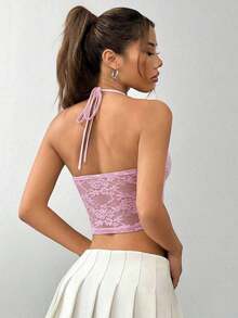 Camiseta sin espalda casual de mujer con parches de encaje azul marino sólido - Rosa - Ver 2