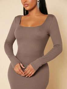 Vestido ajustado unicolor de cuello scoop - Marrón Mocha - Ver 3