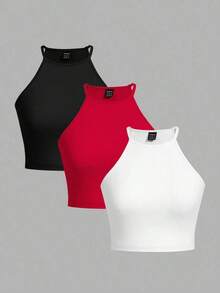 Set de 3 tops de camiseta sin mangas casuales y sencillos para mujer, adecuados para el verano - Multicolor 7 - Ver 3