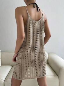Vestido cover up tejido con abertura sin bikini - Caqui - Ver 2