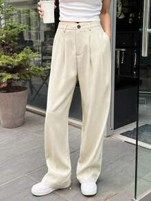 Pantalones de pierna ancha con detalle de plisado de cintura alta, pantalones de vestir para mujer, ropa de vuelta al colegio para otoño - Albaricoque - Ver 9