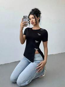 Camiseta de cuello redondo con abertura lateral y decoración de lazo con cristales para mujer - Negro - Ver 7