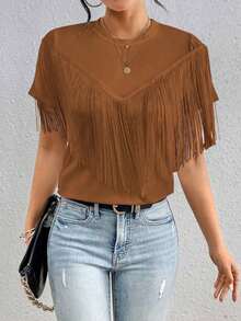 Camiseta De Verano De Moda Para Mujer unicolor Con Diseño De Borlas - Marrón - Ver 5