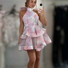 Spring/Summer French Style Short Dress, High Neck With Floral Print, Fitted Waist And Halter Design - Pink - View 10