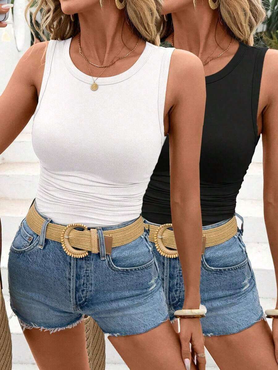 Set de 2 camisetas ajustadas de cuello redondo para mujer, casual, de vuelta al colegio - Multicolor 2 - Ver 1