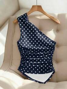 Blusa/Top/Camiseta de mujer con estampado de lunares rojos, hombro asimétrico/asimétrico, decoración de botón metálico, plisado asimétrico, adecuado para el Día de San Valentín, citas, vuelta al colegio, verano, playa, vacaciones, lunares retro - Azul - Ver 2