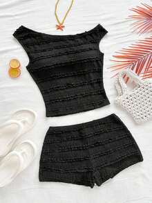 Conjunto de 2 piezas para vacaciones primavera/verano de mujer: Top corto asimétrico de hombro de punto a rayas rojas y blancas y shorts ajustados de tiro súper bajo, adecuado para fiesta, Navidad, San Valentín, cita, playa, crucero, carnaval, Pasc - Negro - Ver 6