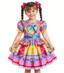 Children's Festa Junina Dress, Sunflower Plaid, Yellow Heart, Girl's Quadrilha Dance, Flared, Country Style, Luxury, São João, Ruffled, Queen Of The Corn - Màu vàng - Xem 1