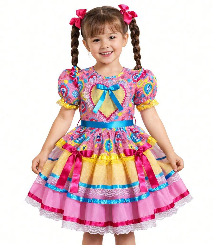 Children's Festa Junina Dress, Sunflower Plaid, Yellow Heart, Girl's Quadrilha Dance, Flared, Country Style, Luxury, São João, Ruffled, Queen Of The Corn - Màu vàng - Xem 1