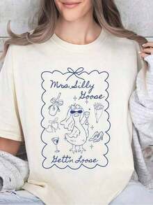 1 Piece Of Women's Clothing, Beige T-Shirt With Fun Goose And Wine Print, Unisex Casual Round Neck T-Shirt, 220 G/M² Lightweight Knit Fabric, Machine Washable, For Spring/Summer/Autumn, Valentine's Day/Mother's Day/Birthday. - 白色 - 查看 7