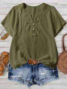 Mono informal con cuello en V y estampado floral para mujer talla grande - Verde militar - Ver 1