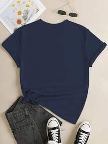 Camiseta personalizable para profesores con diseño de Apple Pencil, chaleco con patrón personalizado, ideal para la temporada de regreso a clases, perfecta para el primer día de clases, cuello redondo informal adecuado para todas las estaciones, regalo perfecto para el Día del Maestro, camisa para mujer. | Diseño exquisito |   Suelto y cómodo |   Fácil de combinar | - Azul marino - Ver 2