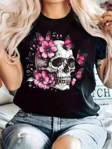 Women's Casual Short Sleeve T-Shirt - Geometric Floral Skull Print In Black, Soft And Stretchy Fabric, Round Neck And Regular Fit For Spring/Summer, Machine Washable, Spring/Summer Clothing, Stylish Streetwear, Comfortable For All Seasons. Women's Casual Skull Print, Flowers, Butterflies, Loose-Fitting Round Neck, Short Sleeves, Spring/Summer, Everyday Wear T-Shirt - 黑色 - 查看 1