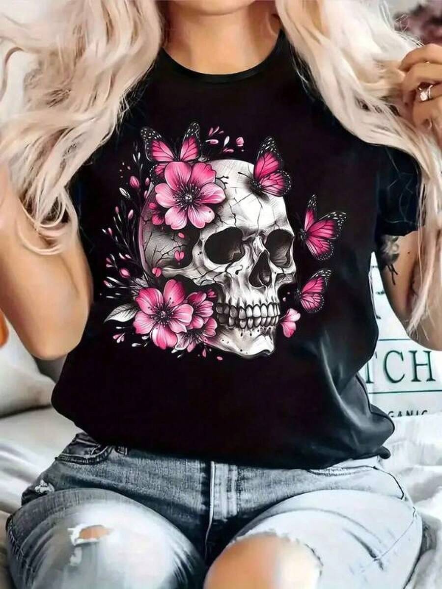Women's Casual Short Sleeve T-Shirt - Geometric Floral Skull Print In Black, Soft And Stretchy Fabric, Round Neck And Regular Fit For Spring/Summer, Machine Washable, Spring/Summer Clothing, Stylish Streetwear, Comfortable For All Seasons. Women's Casual Skull Print, Flowers, Butterflies, Loose-Fitting Round Neck, Short Sleeves, Spring/Summer, Everyday Wear T-Shirt - 黑色 - 查看 1