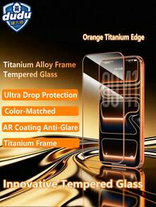 dudu Protector de pantalla de vidrio templado con marco de aleación de titanio Apple Naranja - Super resistente a golpes, compatible con iPhone 17 Pro Max/17 Pro/17/16 Pro Max/16 Pro, protector de vidrio templado, marco de aleación de titanio, marco de metal super absorbente de golpes, color original resistente a arañazos y al desgaste, alta definición transparente de cobertura completa, compatible con funda de teléfono - Borde metálico de titanio naranja HD - Ver 15