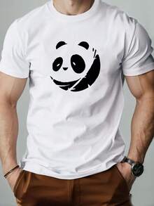 T-Shirt With Bright Yellow Smiling Panda Print - Casual Short Sleeve Crew Neck Summer T-Shirt With Cute White Panda Face, Lightweight And Comfortable For Casual Wear, Parties, Picnics - Fashionable Clothing - 白色 - 查看 1