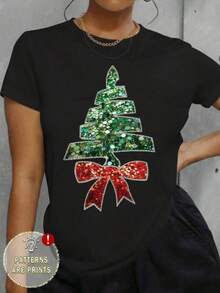 1 Piece 180g Unisex Loose Crewneck Short-Sleeve T-Shirt Camiseta Oversize de Mujer con Estampado Brillante del Árbol Navideño - Diseño Lazo Verde y Rojo, Corte Holgudo Cuello Redondo para Fiestas Casuales en Temporada Festiva, Tejido Elástico Confortable Todo-Tiempo, Ajuste Relajado Ideal Para Uso Diario o Eventos Especiales, árbol navideño adornado brillantemente con lazo rojo, Lavable a máquina, Declaración Moda Feminino Perfecta como Capa, Atuendo Feliz Y Divertido, Blusas y Tops para Mujer, Tops para Mujer, Tops para Mujeres, - Negro - Ver 1