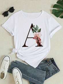 Women's T-Shirt With Inspirational Quotes - Soft Polyester Crew Neck With Floral And Vibrant Alphabet Design, Loose Fit For Casual Spring/Autumn Wear, Motivational Clothing | Floral Letter Print | Comfortable Fit Blouses>Pretty - 白色 - 查看 2