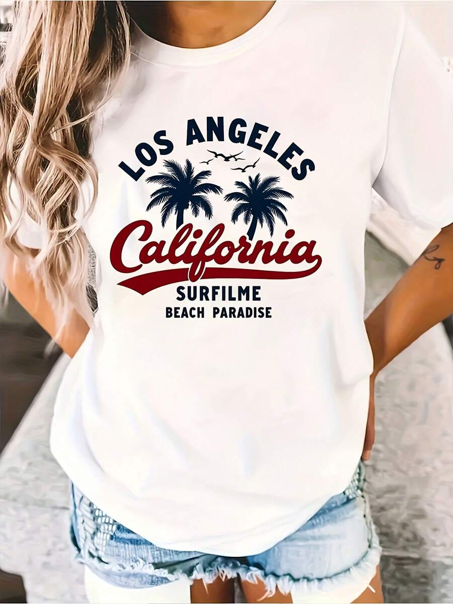Women's Loose-Fitting, Casual, And Versatile "California Surf Paradise" Printed Short-Sleeve T-Shirt, White, Suitable For All Seasons, Ideal For Birthdays, Holidays, Casual And Everyday Wear - Unisex, Suitable For Casual Daily Outings, Short-Sleeve Summer Top, Retro Y2K Print T-Shirt. - 白色 - 查看 1