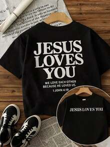 Women's Short Sleeve Crew Neck T-Shirt - Front And Back Print "JESUS LOVES YOU" And John 4:19 Scripture, White With Pink Letters, Christian Inspired Casual Wear, Machine Washable, Everyday Comfort, Bold Text Design, Comfortable Fit. - Black - View 6