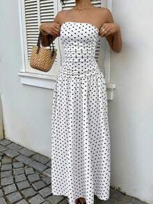 Sleeveless Dress, High Neck, Polka Dots, New Style, Fitted With Ruffles, Elegant And Versatile - White - View 4
