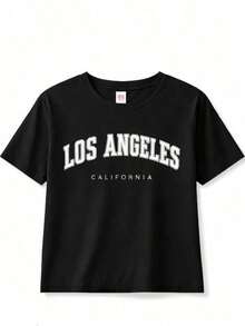 Women's Short-Sleeved Crew Neck T-Shirt. One-Piece Set, Not A 3-Piece Set. It's Just One T-Shirt. Comfortable 100% Cotton T-Shirt With A "Los Angeles California" College Print, Casual Crew Neck, Short Sleeves, Breathable, Black Summer Top For Women. - 黑色 - 查看 2
