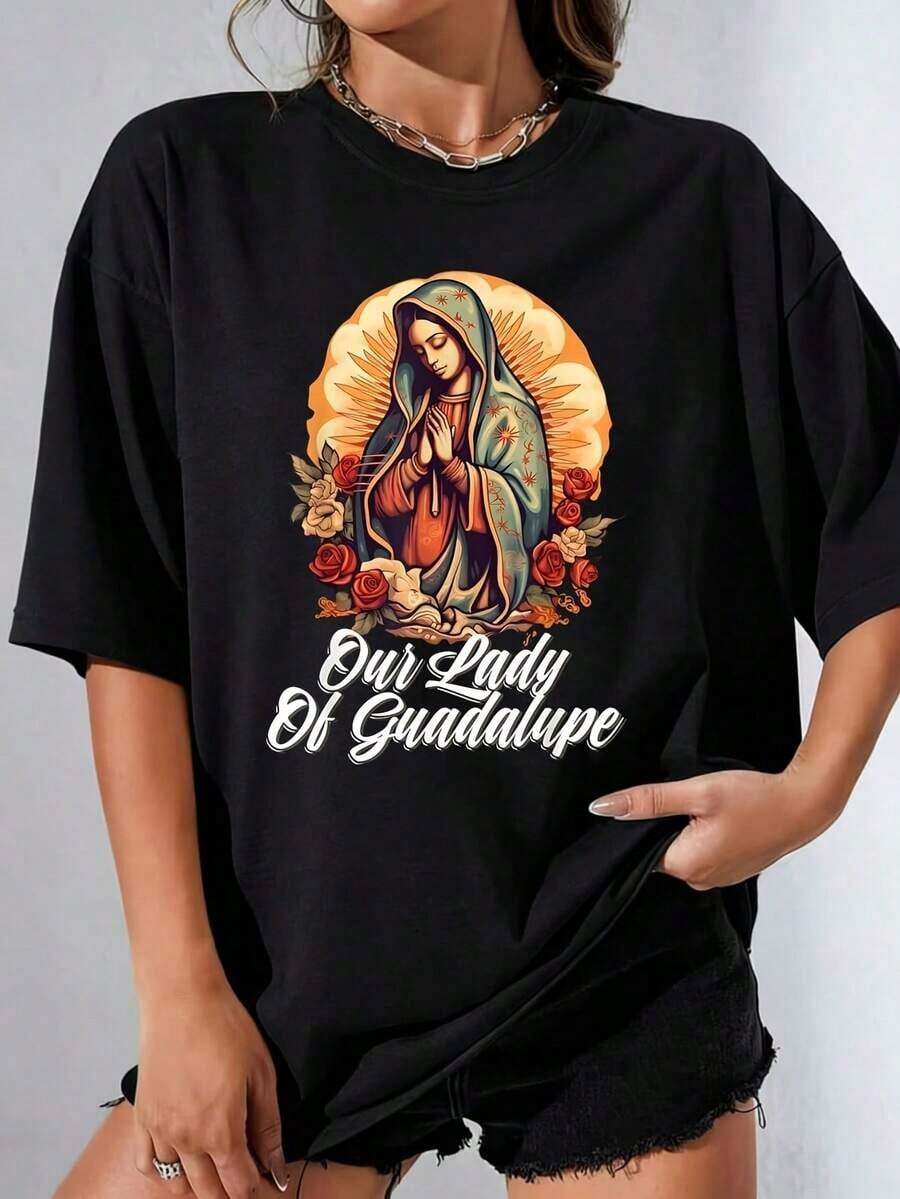 conjuntos de mujer Nuestra Señora de Guadalupe, Camiseta de Mujer 100% Poliéster, Talla Grande, Casual, Divertida, con Estampado Gráfico, Manga Corta, 1 Pieza, Camiseta Novedosa con Cuello Redondo, Playeras de mujer - Negro - Ver 1