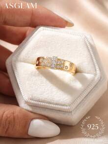 1 chiếc nhẫn bạc 925 mạ vàng và đính đá Cubic Zirconia trắng, thanh lịch và thời trang, thích hợp làm quà tặng kỷ niệm/sinh nhật. - Vàng - Xem 3