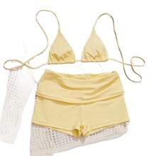 Conjunto de bikini de dos piezas de color sólido con cuello halter y shorts anti-exposición para vacaciones. - Negro - Ver 6