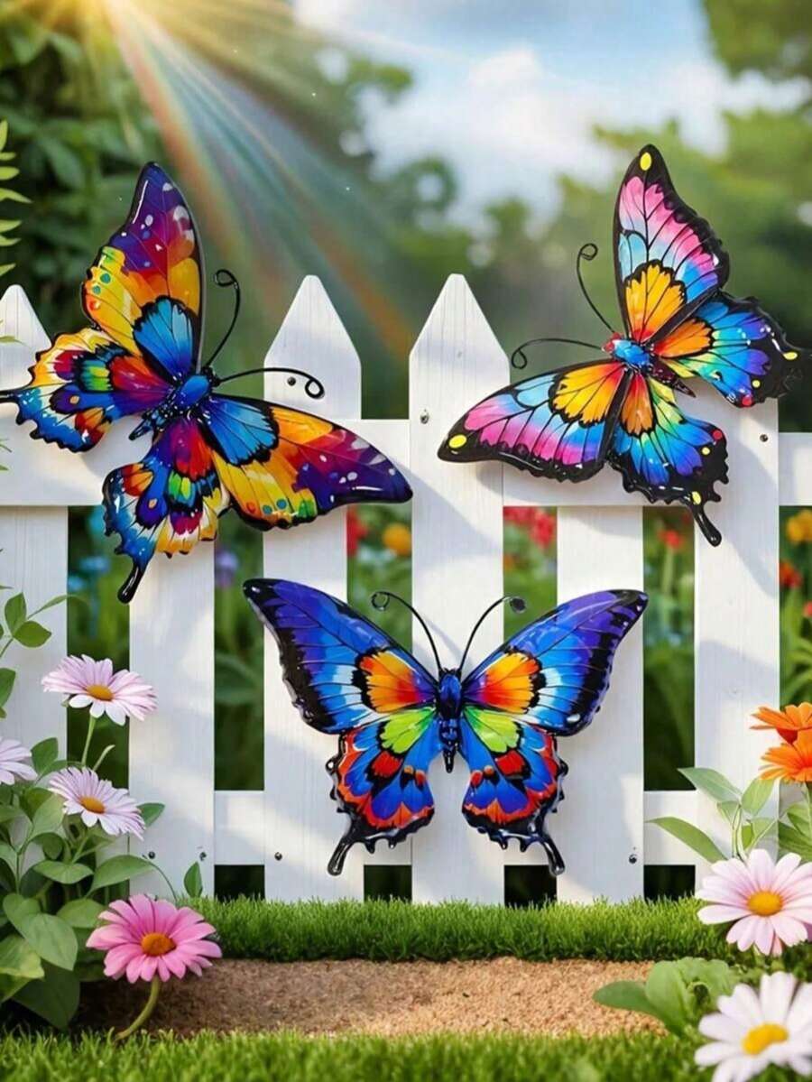1/3 pièces Décoration murale en métal coloré en forme de papillon - Convient pour le jardin, le patio, le salon, la chambre, le balcon - Aucune électricité nécessaire, décoration de clôture extérieure, cadeau idéal pour la famille et les amis - Papillon en métal - Voir 1