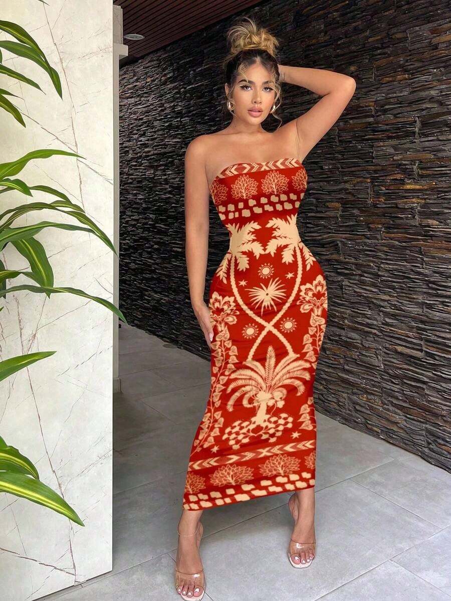 Vestido ajustado con estampado floral retro y estilo bohemio casual para mujeres, adecuado para vacaciones de verano - Multicolor - Ver 1