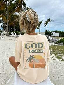 1 pieza de camiseta de manga corta para mujer con estampado de árbol de nuez y atardecer, estampado de letras, camiseta de manga corta moderna para mujer, camiseta con estampado de letras, cuello redondo regular, camiseta de talla grande para mujer, ropa de talla grande para mujer. - Albaricoque - Ver 4