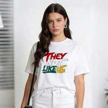 Women's & Men's Summer Clothing For Women, Casual Soft Cotton T-Shirt With Round Neck, Contrasting Graffiti Letter Print With The Phrase "THEY NOT LIKE US". White. - 白色 - 查看 4