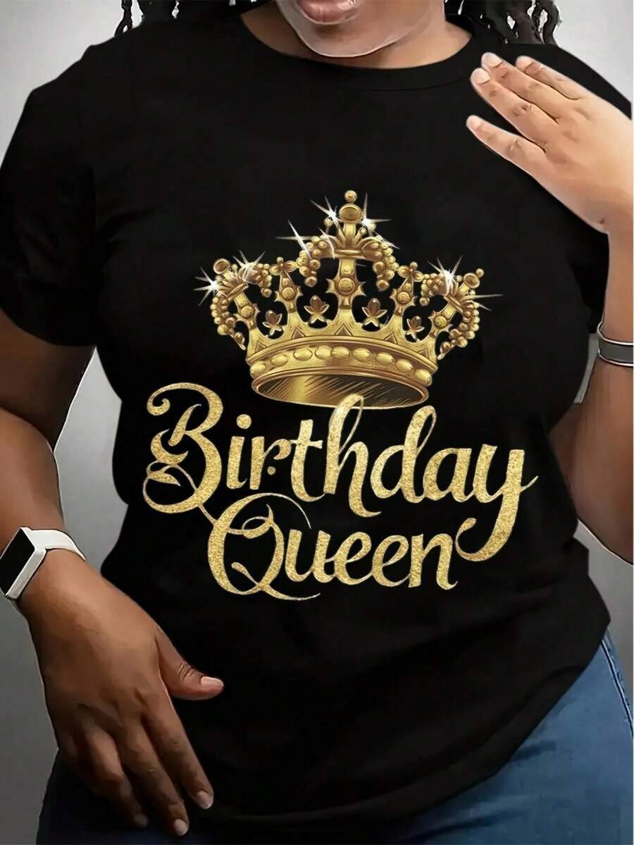 Women's Black Short-Sleeved T-Shirt With A Gold Crown Design For The Birthday Queen, Embodying American Vintage Style; Modern, Casual, Versatile, Comfortable, And Breathable. - 黑色 - 查看 1
