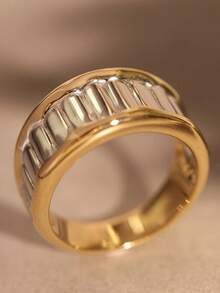 1 pieza Anillo de banda ancha elegante y versátil de lujo y moda, con textura de metal enchapado de dos tonos, adecuado para uso diario, banquetes, fiestas, regalos, accesorio de joyería - anillo - Ver 4