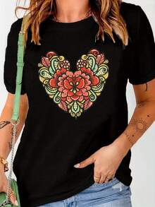 Camiseta unisex, Camiseta cómoda para mujer con corazones y adornos florales, Ropa de mujer, Blusas para mujer, Tops para mujer, Camisas de mujer, Estampado gráfico, Agradable al tacto, Retro de los 90, Ropa urbana, Camisetas casuales de moda - Negro - Ver 5