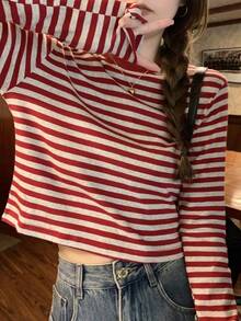 Las mujeres de América retro cuello redondo a rayas camiseta de manga larga, las mujeres de otoño e invierno de fondo interior de la camisa delgado diseño de la camiseta tops cortos - Rojo - Ver 1